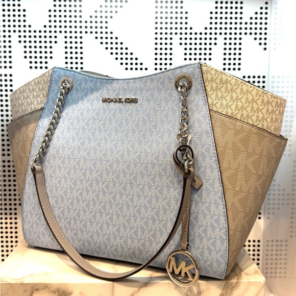 Michael Kors Jet Set LG Color-Block Signature Logo Shoulder Bag Light Sky Multi - Picture 2 of 11